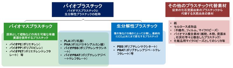 バイオプラスチック バイオマスプラスチックと 生分解性プラスチックの総称 生分解性プラスチック その他のプラスチック代替素材 従来の化石資源由来のプラスチックから 代替する天然由来の素材 バイオマスプラスチック 原料として植物などの再生可能な有機 資源を使用するブラスチック ・バイオPE(ポリエチレン) ・バイオPP(ポリプロピレン) ・バイオPET (ポリエチレンテレフタ レート) 等 PLA(ポリ乳酸) •PHA(ポリヒドロキシアルカン酸) ・バイオPBS (ポリブチレンサクシネ ―ト) ( • バイオPBAT (ポリブチレンアジペ ートテレフタレート) 微生物などの働きによって分解し、最終的 にCOと水にまで変化するプラスチック PBS(ポリブチレンサクシネート) ・PBAT (ポリブチレンアジベートテレ フタレート) 等 セルロース成形品 (不織布、 フィルム、マイクロビーズ) バイオマス複合素材 (紙粉、 木粉、 資源米 石灰石等々と複合したプラスチック) 化粧品用マイクロビーズとしてのシリカ等